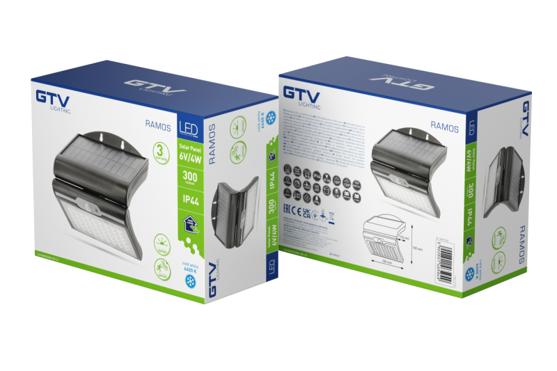 RAMOS Luminária de Fachada Solar com Sensor de Movimento/Anoitecer, 50W, 300lm, 3,7V 1800mAh, IP44, 6000K, Preto 1208963115