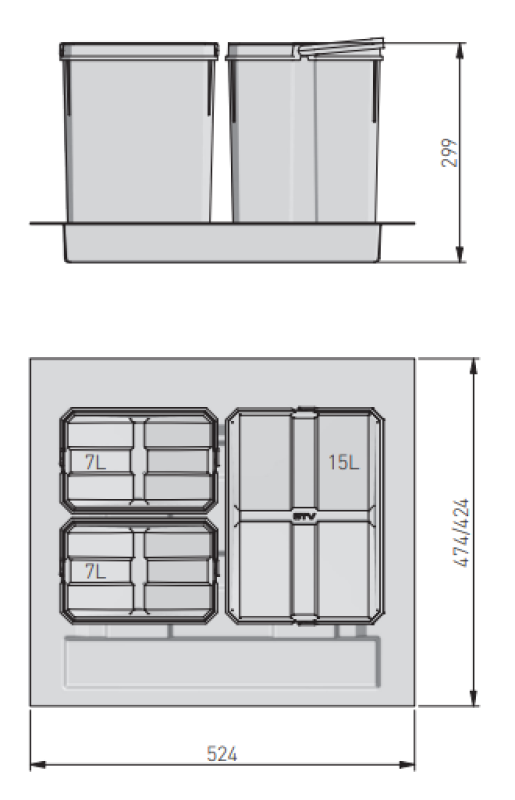 Sistema de separação de resíduos Garbi Basket B-60-3 para gaveta de 60 cm, incl. suporte e 3 lixeiras 1208964399