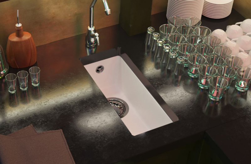 GraniteMy Universal pia pequena de granito branca 17x40 cm montagem sobreposta, embutida e nivelada com plugue de aço inoxidável 1208966953