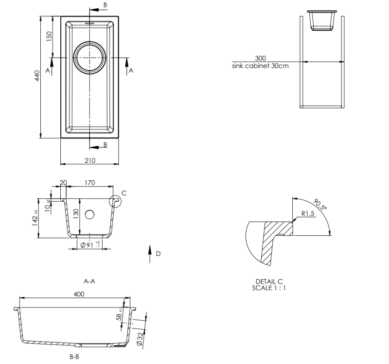 GraniteMy Universal pia pequena de granito branca 17x40 cm montagem sobreposta, embutida e nivelada com plugue de aço inoxidável 1208966953
