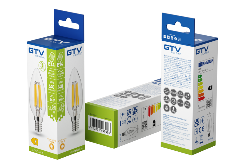 FONTE DE LUZ LED, FILAMENTO, A-G, C35, 2700K, E14, 5,8W, AC220-240V, 360°, 640lm, 50mA 1208966964