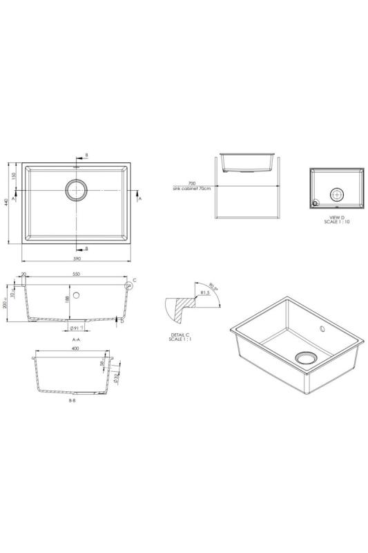 GraniteMy Universal pia de granito branca 55x40 cm branca de sobrepor, embutir e nivelar com tampa de aço inoxidável 1208967109