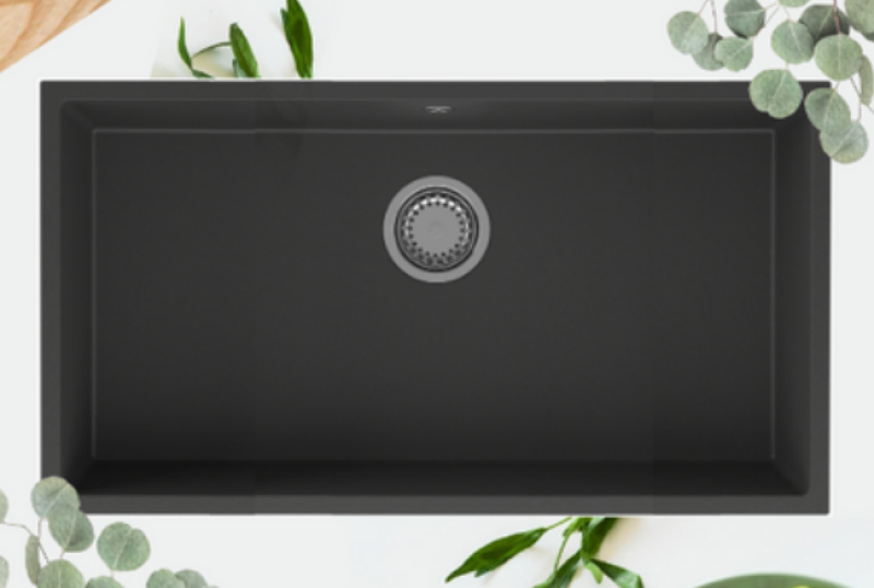 GraniteMy Universal pia grande de granito preto 74x40 cm preta, instalação de sobrepor, embutida e nivelada com plugue de aço inoxidável 1208967110