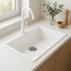 GraniteMy Universal pia grande de granito branca 74x40 cm branca de montagem superior, inferior e nivelada com plugue de aço inoxidável 1208967111