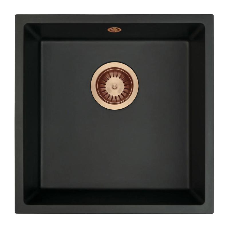 GraniteMy Universal pia de granito preta 40x40 cm preto montagem superior, embutida e nivelada com plugue de cobre 1208967114