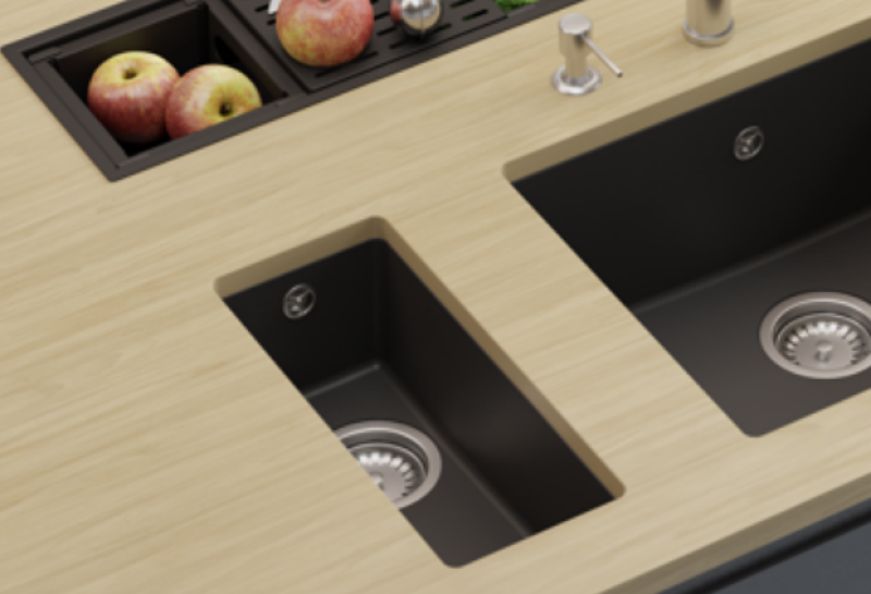 GraniteMy Universal pia pequena de granito preta 17x40 cm preto para instalação sobreposta, embutida e nivelada com tampa preta 1208967140