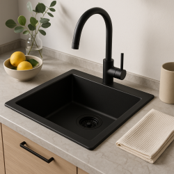 GraniteMy Universal pia de granito preta 34x40 cm preto para montagem superior, embutida e nivelada com plugue preto 1208967143