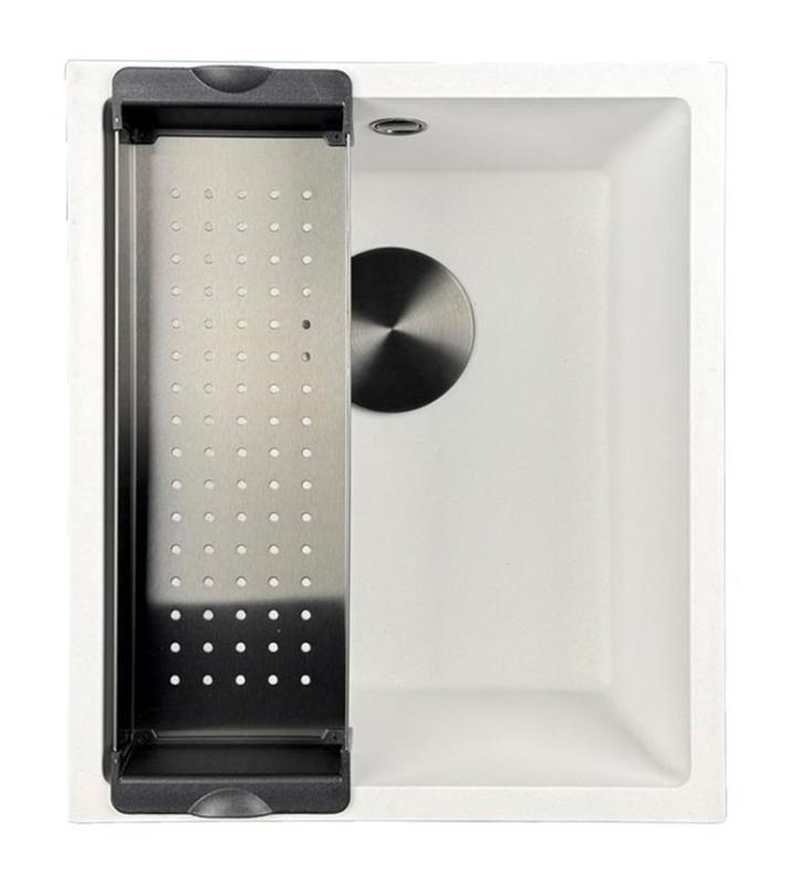 GraniteMy Universal pia de granito branca 34x40 cm, montagem sobreposta, embutida e nivelada, com plugue preto 1208967147