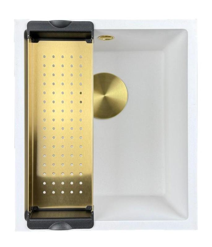 GraniteMy Universal pia de granito branca 34x40 cm branco, montagem superior, montagem inferior e montagem nivelada com plugue dourado 1208967149