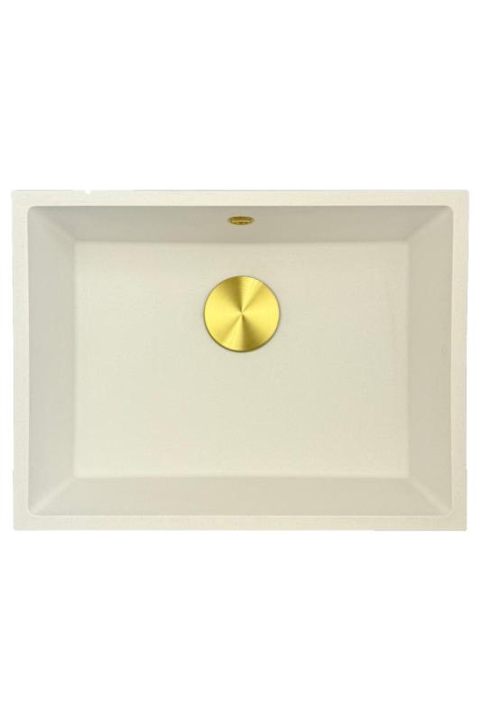 GraniteMy Universal pia branca de granito 55x40 cm branca para montagem de sobrepor, embutir e nivelar com plugue dourado 1208967155