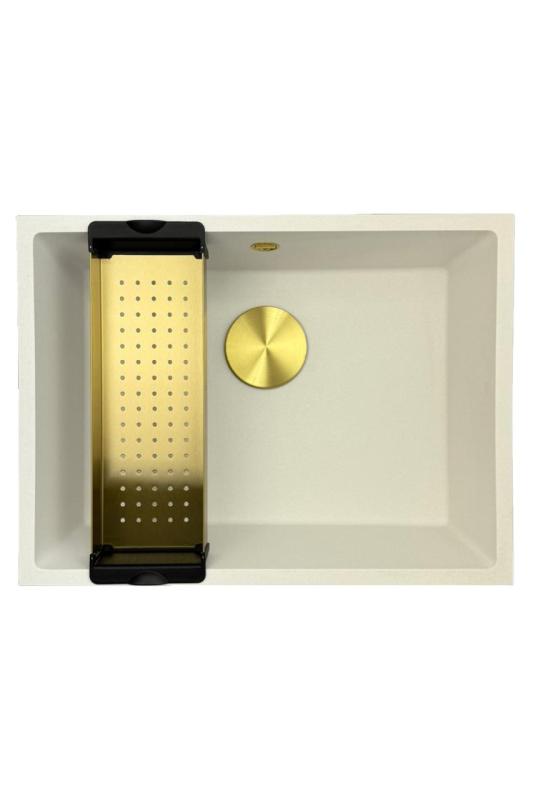 GraniteMy Universal pia branca de granito 55x40 cm branca para montagem de sobrepor, embutir e nivelar com plugue dourado 1208967155