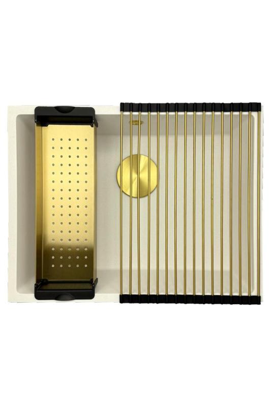 GraniteMy Universal pia branca de granito 55x40 cm branca para montagem de sobrepor, embutir e nivelar com plugue dourado 1208967155