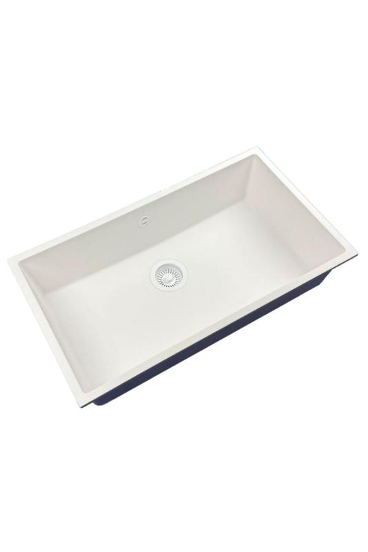 GraniteMy Universal pia grande de granito branca 74x40 cm branca para instalação sobreposta, embutida e nivelada com plugue branco 1208967160