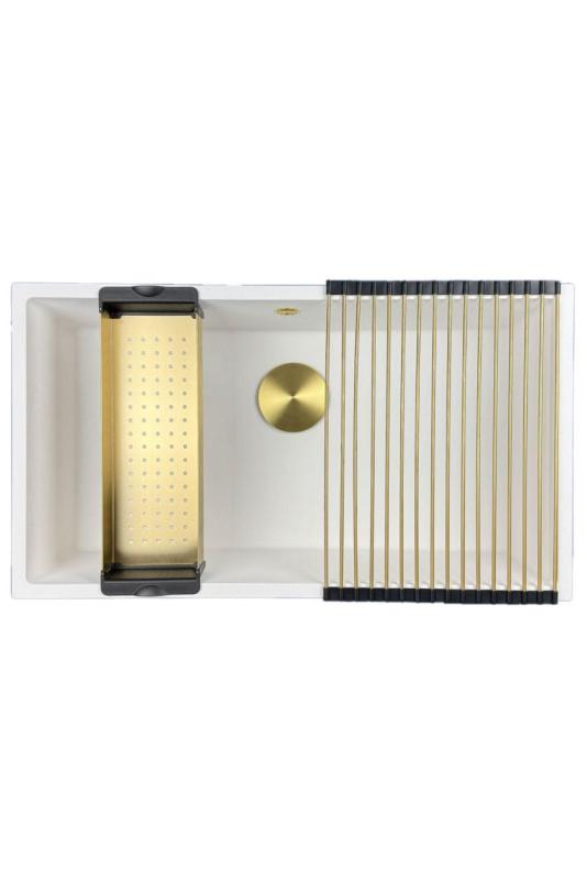 GraniteMy Universal pia grande de granito branca 74x40 cm branco, instalação superior, inferior e nivelada com válvula dourada 1208967163.