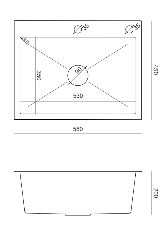 Quadri Dixton 60 RVS pia de cozinha 580x450 mm com furo para torneira e acessório 1208967194