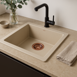 GraniteMy Universal pia de areia bege de granito 40x40 cm montagem superior, montagem inferior e montagem nivelada com plugue de cobre 1208967210