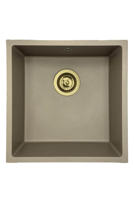 GraniteMy Universal pia de granito taupe 40x40 cm sobrepor, embutir e nivelar com plugue dourado 1208967215