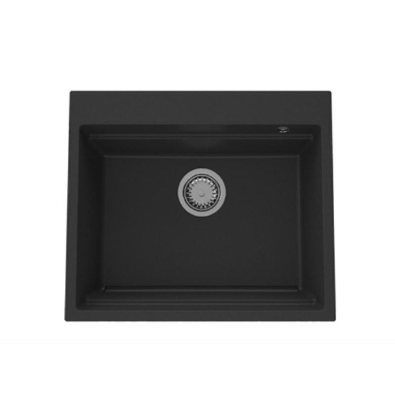 GraniteMy Lava-louças de granito 56x48 cm preto de montar com plugue de aço inoxidável incluindo acessórios 1208967231