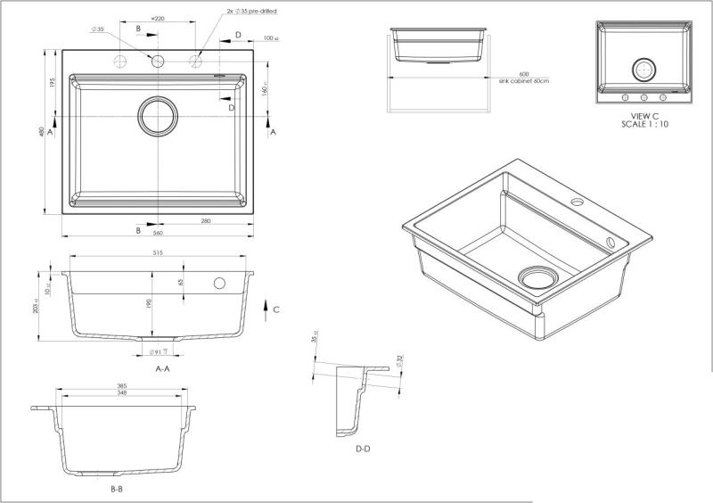 GraniteMy Lava-louças de granito para bancada 56x48 cm preto com plugue preto incluindo acessórios 1208967233