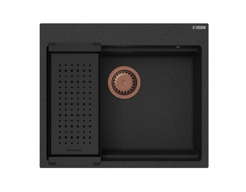 GraniteMy Cuba de granito para pia 56x48 cm preta sobrepor com plugue de cobre incluindo acessórios 1208967234
