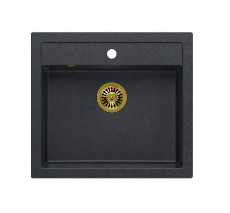 Quadri Farmhouse rústica com ou sem montagem, pia de granito antracite com tampão dourado 595x540mm 1208967267