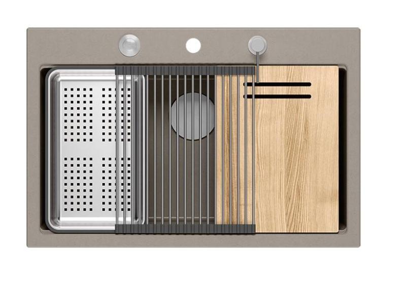 Quadri Hard Rock taupe granito pia de sobrepor grande 76x50cm, incluindo plugue inoxidável e acessórios 1208967270