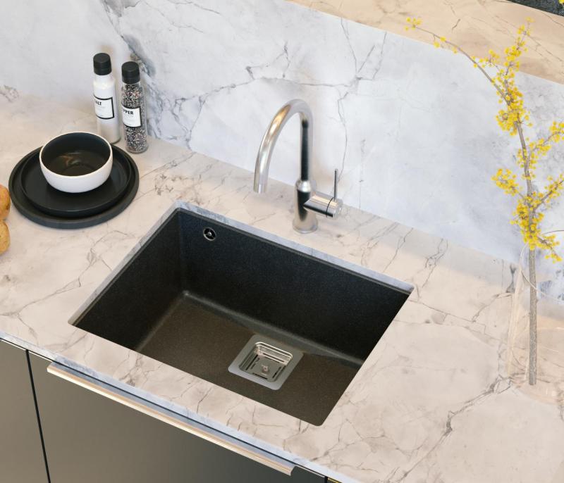 Quadri Quadrangle granito antracite pia de cozinha embutida 55x42cm com plugue de inox 1208967273