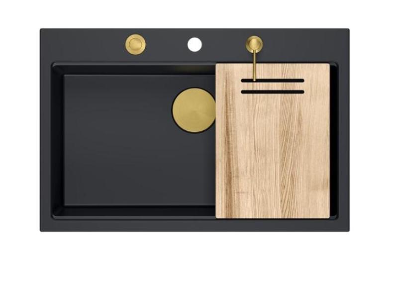 Quadri Hard Rock pia grande de granito preto fosco 76x50cm, incluindo ralo dourado e acessórios 1208967277