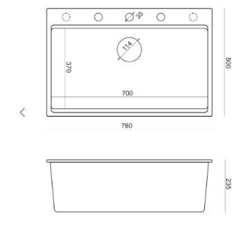 Quadri Hard Rock pia grande de granito preto fosco 76x50cm, incluindo ralo dourado e acessórios 1208967277