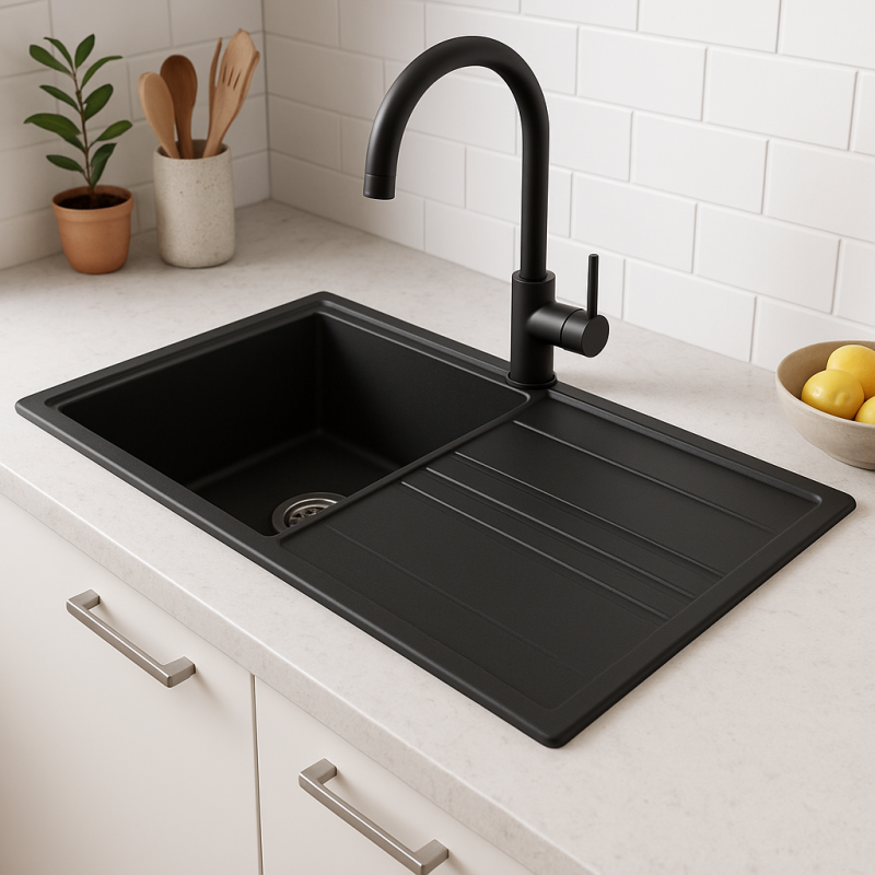 GraniteMy Vesi construção de granito pia preta 86x50cm com escorredor reversível com plugue de aço inoxidável 1208967279