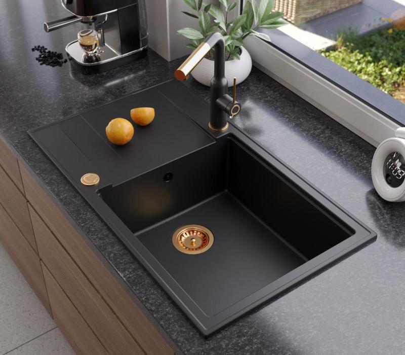 Quadri Luton pia de embutir grande de granito preto com escorredor reversível 86x50cm com plugue de cobre 1208967326