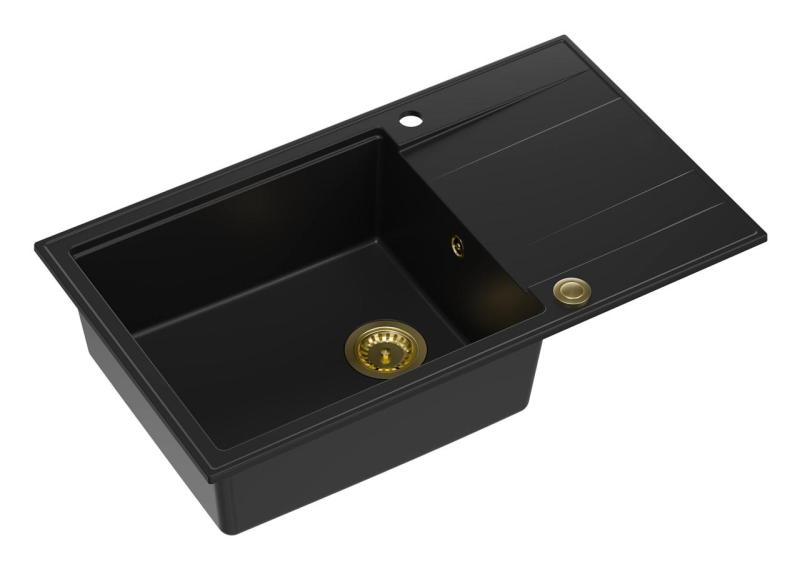 Quadri Luton pia grande de granito preto de sobrepor com escorredor reversível 86x50cm com ralo dourado 1208967327