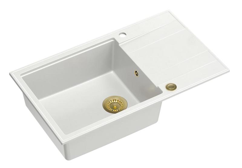 Quadri Luton pia grande de granito branco de sobrepor com escorredor reversível 86x50cm com ralo dourado 1208967329