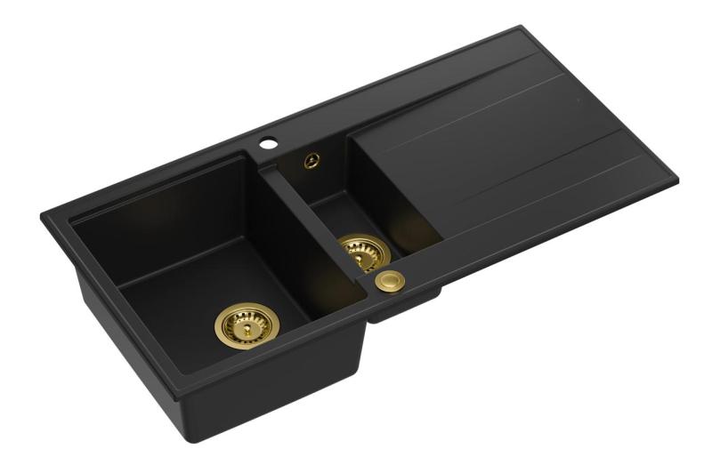 Quadri Luton pia de granito preto sobrepor 1,5 cuba com escorredor reversível 100x50cm com válvula dourada 1208967346