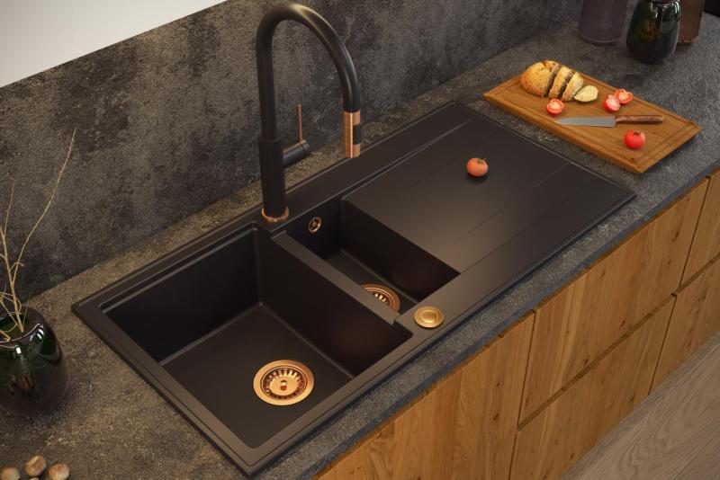 Quadri Luton pia de granito preto de sobrepor, 1,5 cubas com escorredor reversível 100x50cm com plugue de cobre 1208967347