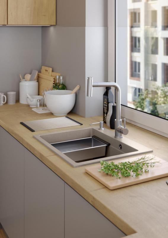 Quadri Durham taupe granito pia de sobrepor 595x500 com dispensador de sabão, tábua de cortar, pia interna e tapete rolante 1208967376