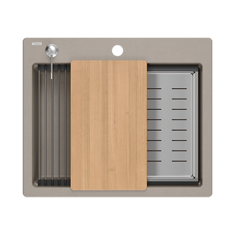 Quadri Durham taupe granito pia de sobrepor 595x500 com dispensador de sabão, tábua de cortar, pia interna e tapete rolante 1208967376