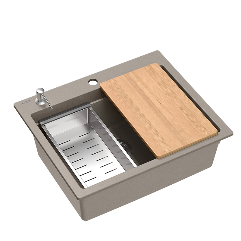 Quadri Durham taupe granito pia de sobrepor 595x500 com dispensador de sabão, tábua de cortar, pia interna e tapete rolante 1208967376