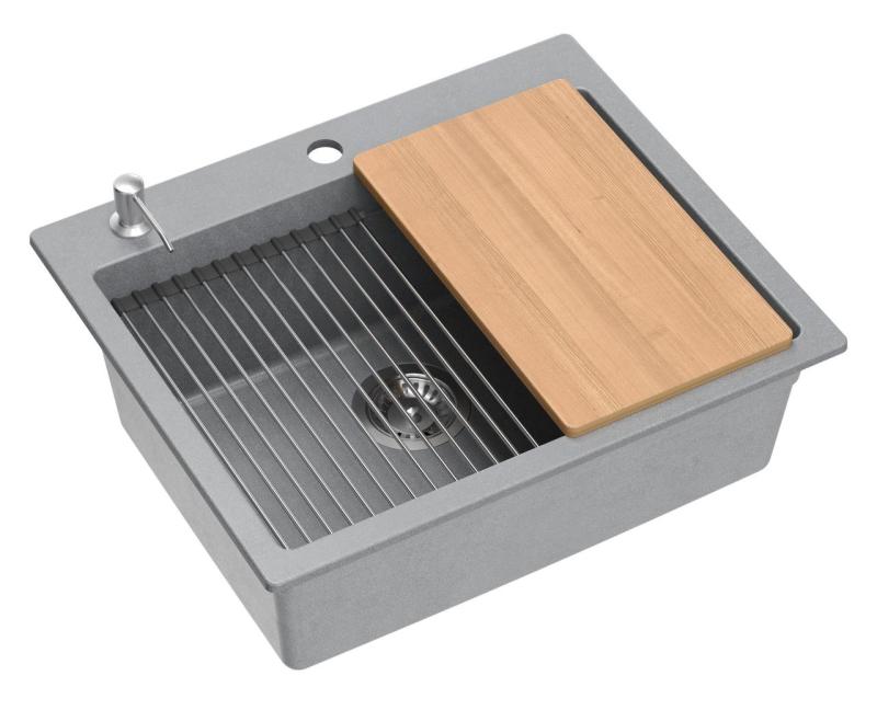 Quadri Durham pia de granito cinza de sobrepor 595x500 com dispensador de sabão, tábua de corte, cuba interna e tapete de rolo 1208967378