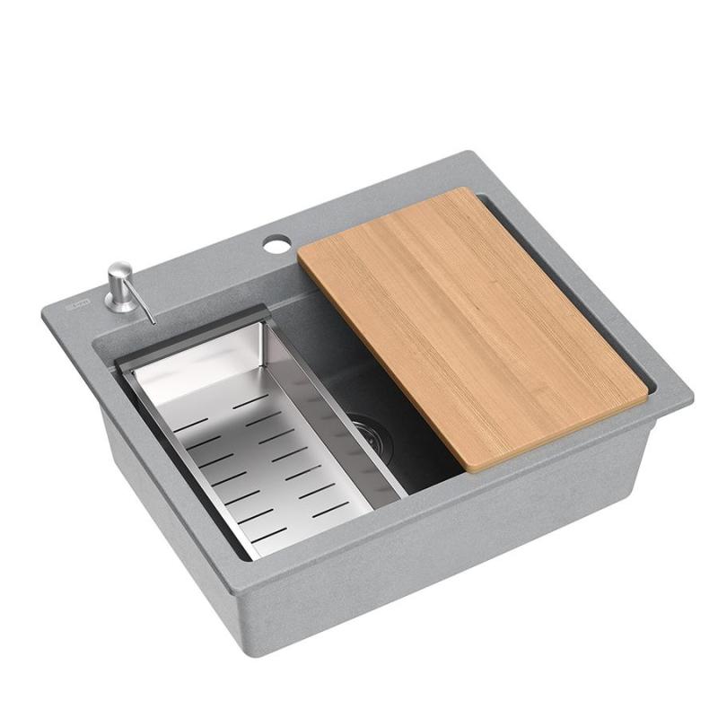 Quadri Durham pia de granito cinza de sobrepor 595x500 com dispensador de sabão, tábua de corte, cuba interna e tapete de rolo 1208967378