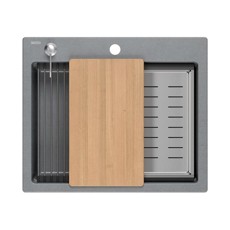 Quadri Durham pia de granito cinza de sobrepor 595x500 com dispensador de sabão, tábua de corte, cuba interna e tapete de rolo 1208967378