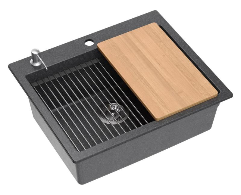 Quadri Durham granito antracite pia de montagem 595x500 com dispensador de sabão, tábua de cortar, cuba de inserção e tapete de rolo 1208967379