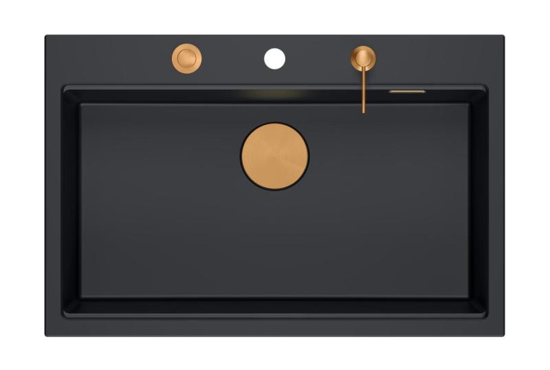 Quadri Hard Rock pia grande de granito preto fosco 76x50cm com tampa de cobre e acessório 1208967423