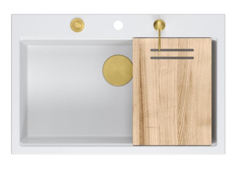 Quadri Hard Rock pia grande de granito branco 76x50cm, incluindo tampão dourado e acessórios 1208967424