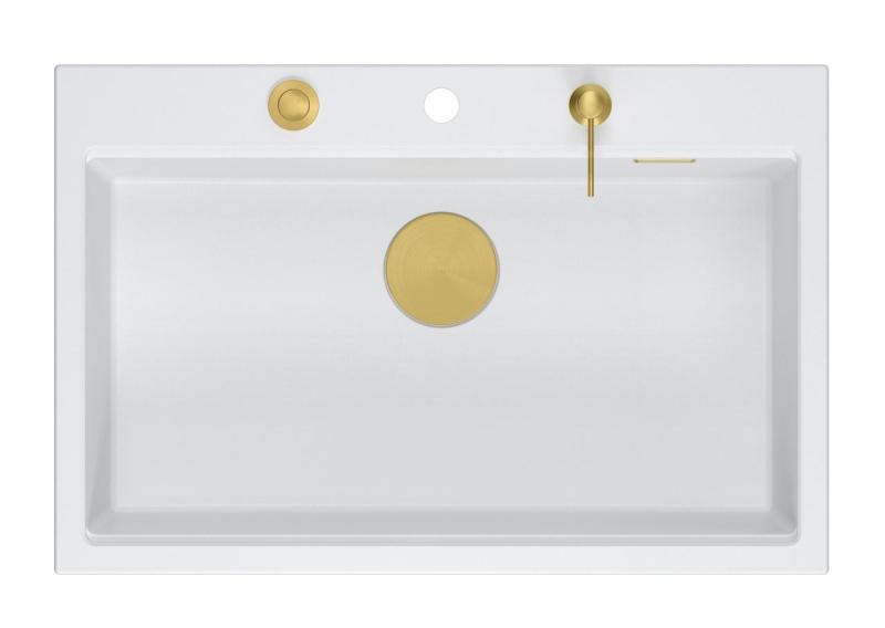 Quadri Hard Rock pia grande de granito branco 76x50cm, incluindo tampão dourado e acessórios 1208967424