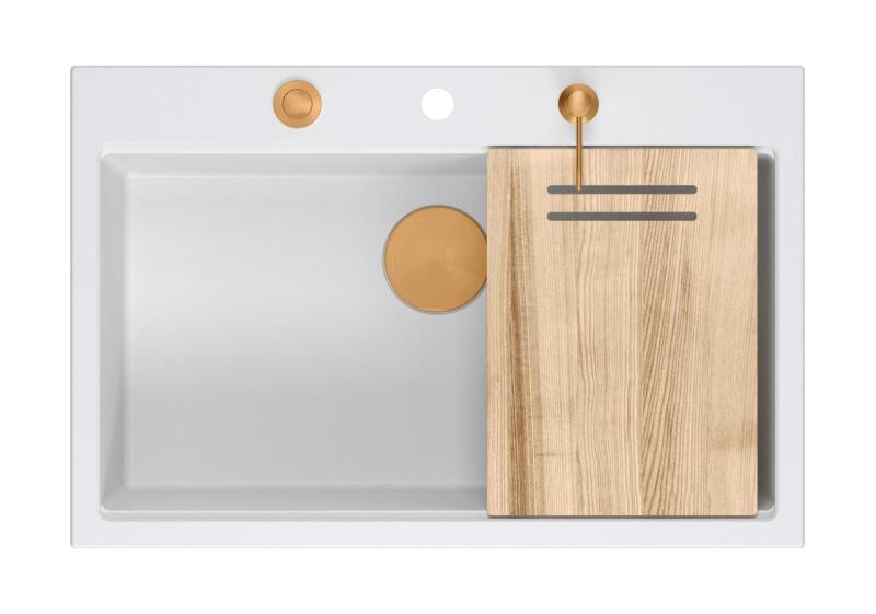 Quadri Hard Rock pia embutida de granito branco grande 76x50cm incluindo plugue de cobre e acessórios 1208967428