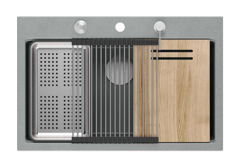 Quadri Hard Rock pia de granito cinza de sobrepor grande 76x50cm incluindo plugue de aço inoxidável e acessórios 1208967430