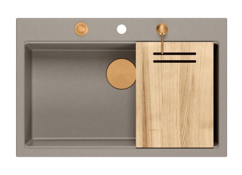 Quadri Hard Rock taupe granito pia de sobrepor grande 76x50cm incluindo plugue de cobre e acessórios 1208967439