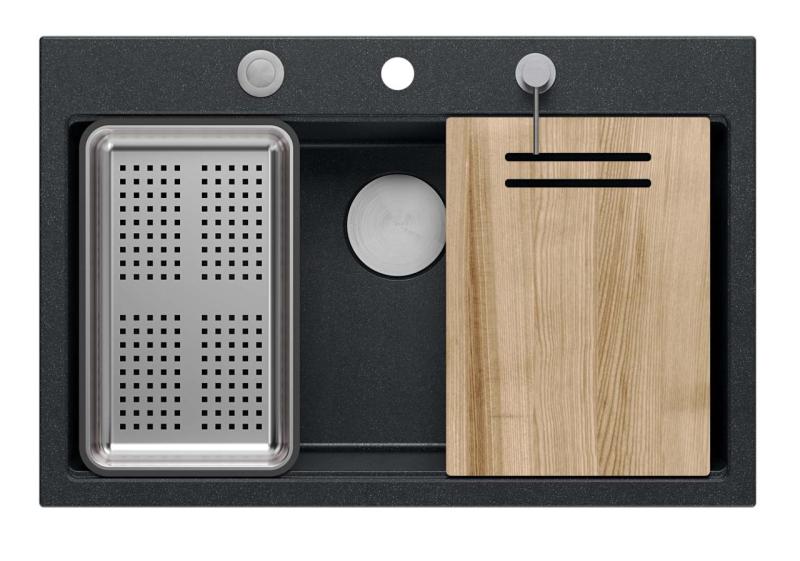 Quadri Hard Rock antracite granit pia de montagem superior grande 76x50cm incluindo plugue de aço inoxidável e acessórios 1208967442