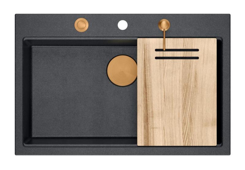 Quadri Hard Rock antracite granito montagem superior grande pia 76x50cm incluindo plugue de cobre e acessórios 1208967445